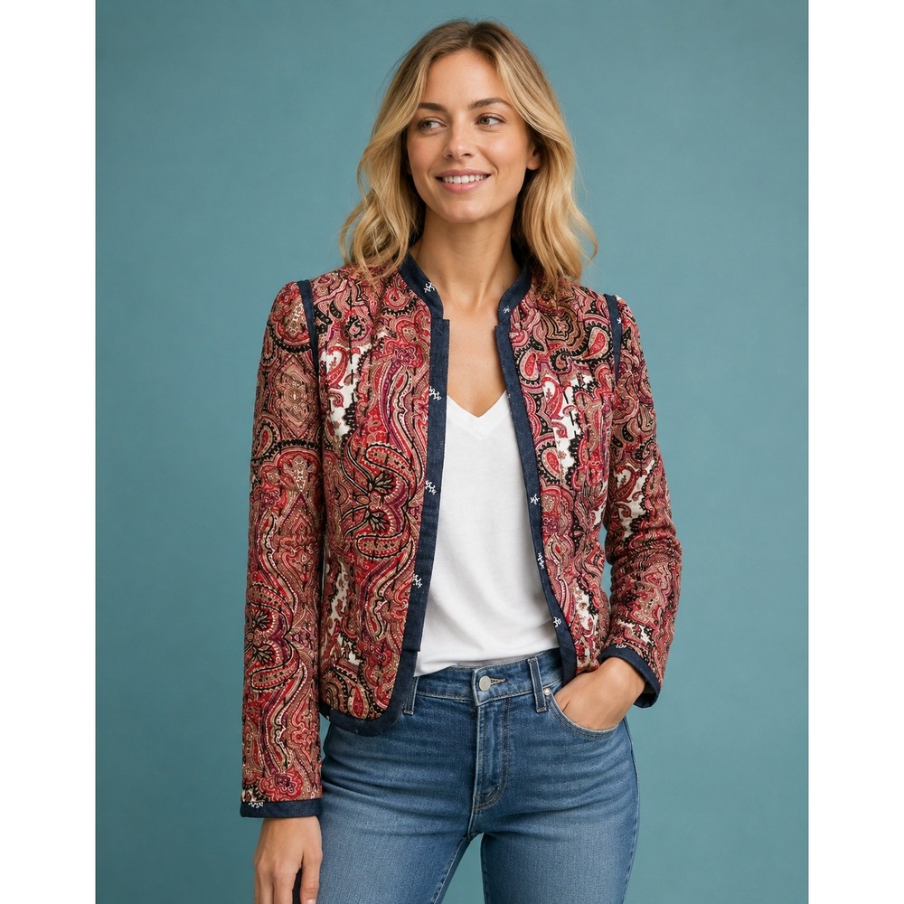 Anthropologie Waverly Quilted Reverse Jacket‎ Paisley Mandarin Collar Size XS